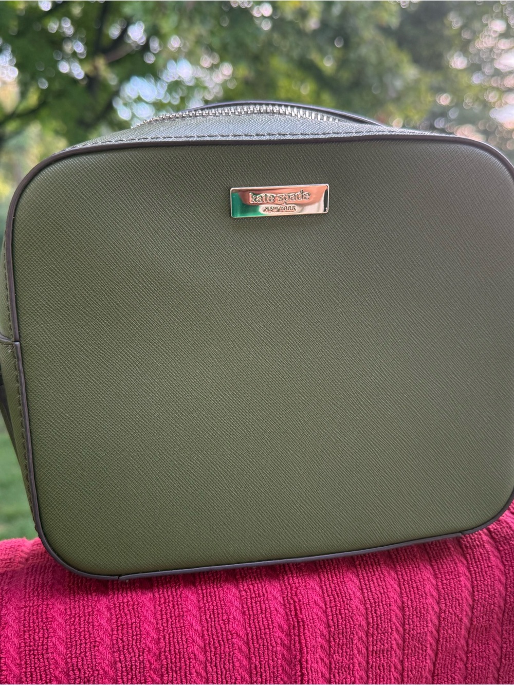 kate spade Olive Green Crossbody Cosmetic Case with Silver Logo